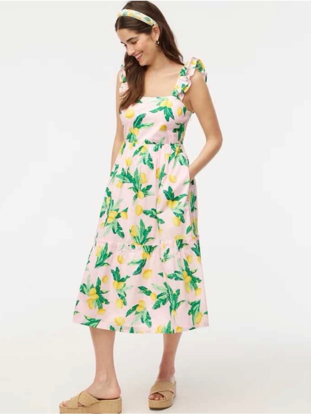 J. Crew Pink Lemon-Print Ruffle-Strap Midi Dress